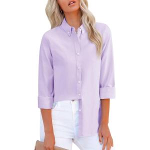 imagesiliteelon Fitted Button Down Shirts for Women Oxford Shirt Cotton Dress Shirts Collared Long Sleeve Wrinkle Free Blouse TopsLilac