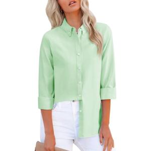 imagesiliteelon Fitted Button Down Shirts for Women Oxford Shirt Cotton Dress Shirts Collared Long Sleeve Wrinkle Free Blouse TopsMint Green