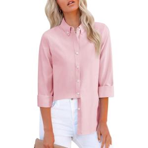 imagesiliteelon Fitted Button Down Shirts for Women Oxford Shirt Cotton Dress Shirts Collared Long Sleeve Wrinkle Free Blouse TopsMisty Rose