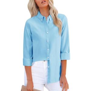 imagesiliteelon Fitted Button Down Shirts for Women Oxford Shirt Cotton Dress Shirts Collared Long Sleeve Wrinkle Free Blouse TopsRiver Blue
