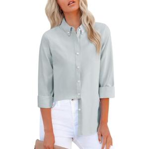 imagesiliteelon Fitted Button Down Shirts for Women Oxford Shirt Cotton Dress Shirts Collared Long Sleeve Wrinkle Free Blouse TopsSmoky Gray