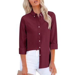 imagesiliteelon Fitted Button Down Shirts for Women Oxford Shirt Cotton Dress Shirts Collared Long Sleeve Wrinkle Free Blouse TopsWine Red