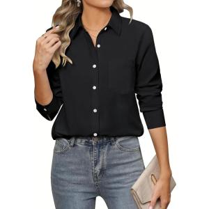 imagesiliteelon Womens Button Down Shirts Long Sleeve Collared Office Work Blouses Tops with Pocket Oxford ShirtsBlack