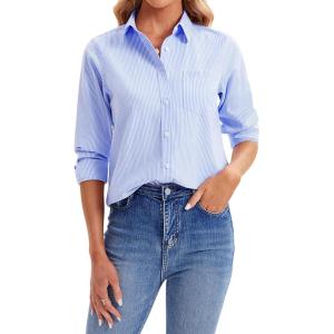imagesiliteelon Womens Button Down Shirts Long Sleeve Collared Office Work Blouses Tops with Pocket Oxford ShirtsBlue Stripes
