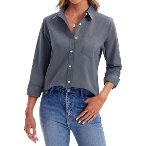 imagesiliteelon Womens Button Down Shirts Long Sleeve Collared Office Work Blouses Tops with Pocket Oxford ShirtsGray