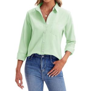 imagesiliteelon Womens Button Down Shirts Long Sleeve Collared Office Work Blouses Tops with Pocket Oxford ShirtsGreen