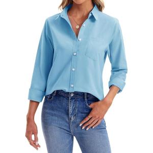 imagesiliteelon Womens Button Down Shirts Long Sleeve Collared Office Work Blouses Tops with Pocket Oxford ShirtsLake Blue