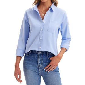 imagesiliteelon Womens Button Down Shirts Long Sleeve Collared Office Work Blouses Tops with Pocket Oxford ShirtsLight Blue