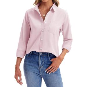 imagesiliteelon Womens Button Down Shirts Long Sleeve Collared Office Work Blouses Tops with Pocket Oxford ShirtsLight Pink