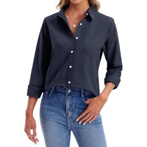 imagesiliteelon Womens Button Down Shirts Long Sleeve Collared Office Work Blouses Tops with Pocket Oxford ShirtsNavy Blue