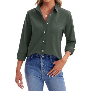 imagesiliteelon Womens Button Down Shirts Long Sleeve Collared Office Work Blouses Tops with Pocket Oxford ShirtsOlive Green