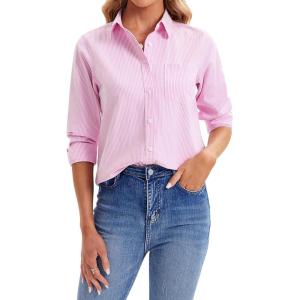 imagesiliteelon Womens Button Down Shirts Long Sleeve Collared Office Work Blouses Tops with Pocket Oxford ShirtsPink Stripes