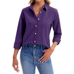 imagesiliteelon Womens Button Down Shirts Long Sleeve Collared Office Work Blouses Tops with Pocket Oxford ShirtsPurple 02