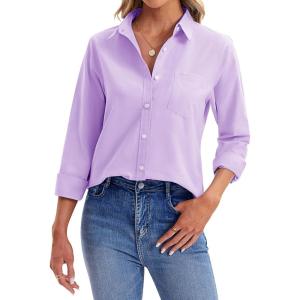 imagesiliteelon Womens Button Down Shirts Long Sleeve Collared Office Work Blouses Tops with Pocket Oxford ShirtsPurple
