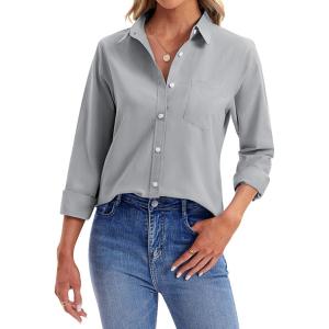 imagesiliteelon Womens Button Down Shirts Long Sleeve Collared Office Work Blouses Tops with Pocket Oxford ShirtsSmoky Gray
