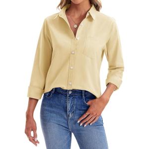 imagesiliteelon Womens Button Down Shirts Long Sleeve Collared Office Work Blouses Tops with Pocket Oxford ShirtsYellow