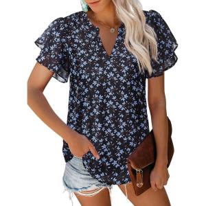 imagesiliteelon Womens Summer Tops V Neck Ruffle Short Sleeve Dressy Casual Business Work Blouses Cute Flowy Chiffon Office ShirtBlack Blue Floral
