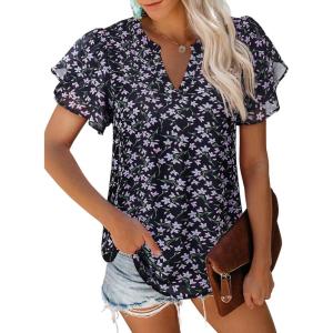 imagesiliteelon Womens Summer Tops V Neck Ruffle Short Sleeve Dressy Casual Business Work Blouses Cute Flowy Chiffon Office ShirtBlack White Floral