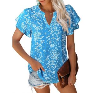 imagesiliteelon Womens Summer Tops V Neck Ruffle Short Sleeve Dressy Casual Business Work Blouses Cute Flowy Chiffon Office ShirtBlue White Floral