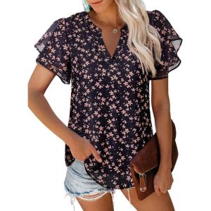 imagesiliteelon Womens Summer Tops V Neck Ruffle Short Sleeve Dressy Casual Business Work Blouses Cute Flowy Chiffon Office ShirtBrown Orange Floral