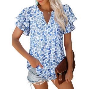 imagesiliteelon Womens Summer Tops V Neck Ruffle Short Sleeve Dressy Casual Business Work Blouses Cute Flowy Chiffon Office ShirtLight Blue Floral