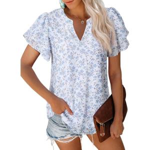 imagesiliteelon Womens Summer Tops V Neck Ruffle Short Sleeve Dressy Casual Business Work Blouses Cute Flowy Chiffon Office ShirtRed Blue Floral
