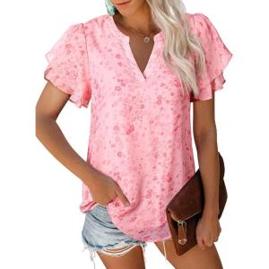 imagesiliteelon Womens Summer Tops V Neck Ruffle Short Sleeve Dressy Casual Business Work Blouses Cute Flowy Chiffon Office ShirtRed Pink Floral
