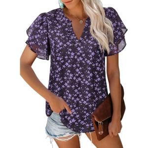 imagesiliteelon Womens Summer Tops V Neck Ruffle Short Sleeve Dressy Casual Business Work Blouses Cute Flowy Chiffon Office ShirtRed Purple Floral
