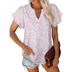 imagesiliteelon Womens Summer Tops V Neck Ruffle Short Sleeve Dressy Casual Business Work Blouses Cute Flowy Chiffon Office ShirtYellow White Floral