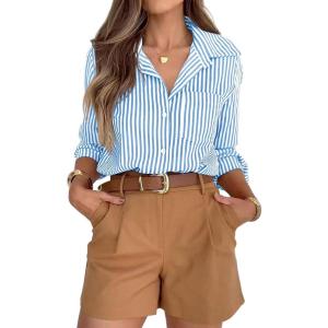 imagesiliteelon Striped Button Down Shirts for Women Dress Shirts Long Sleeve Casual Collared Office Work Shirt with PocketBlue