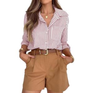imagesiliteelon Striped Button Down Shirts for Women Dress Shirts Long Sleeve Casual Collared Office Work Shirt with PocketDark Pink