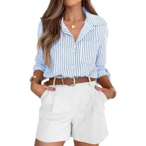 imagesiliteelon Striped Button Down Shirts for Women Dress Shirts Long Sleeve Casual Collared Office Work Shirt with PocketDenim Blue
