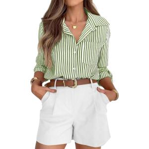 imagesiliteelon Striped Button Down Shirts for Women Dress Shirts Long Sleeve Casual Collared Office Work Shirt with PocketGrass Green