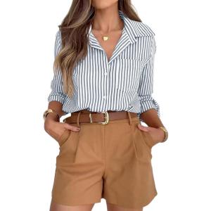 imagesiliteelon Striped Button Down Shirts for Women Dress Shirts Long Sleeve Casual Collared Office Work Shirt with PocketGray