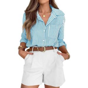 imagesiliteelon Striped Button Down Shirts for Women Dress Shirts Long Sleeve Casual Collared Office Work Shirt with PocketIndigo