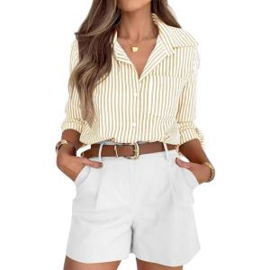 imagesiliteelon Striped Button Down Shirts for Women Dress Shirts Long Sleeve Casual Collared Office Work Shirt with PocketIvory