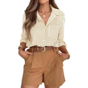 imagesiliteelon Striped Button Down Shirts for Women Dress Shirts Long Sleeve Casual Collared Office Work Shirt with PocketLight Brown