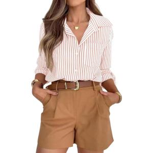 imagesiliteelon Striped Button Down Shirts for Women Dress Shirts Long Sleeve Casual Collared Office Work Shirt with PocketPeach