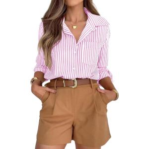 imagesiliteelon Striped Button Down Shirts for Women Dress Shirts Long Sleeve Casual Collared Office Work Shirt with PocketPink