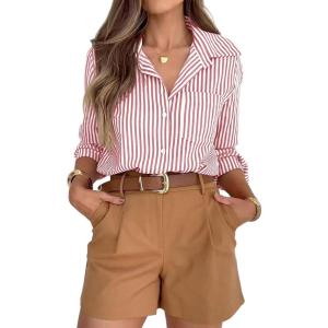 imagesiliteelon Striped Button Down Shirts for Women Dress Shirts Long Sleeve Casual Collared Office Work Shirt with PocketRed
