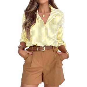 imagesiliteelon Striped Button Down Shirts for Women Dress Shirts Long Sleeve Casual Collared Office Work Shirt with PocketYellow