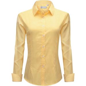 imagesiliteelon Womens Plaid Dress Shirts Long Sleeve Button Down WrinkleFree Stretch Solid Casual Work Office Blouse TopPlaid Yellow  White