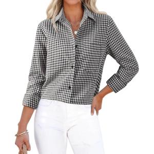 imagesiliteelon Womens Plaid Shirts Long Sleeve Button Down Dress Shirts Lightweight Casual Work Office Collared Blouse TopBlack Plaid