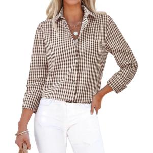 imagesiliteelon Womens Plaid Shirts Long Sleeve Button Down Dress Shirts Lightweight Casual Work Office Collared Blouse TopKhaki Plaid