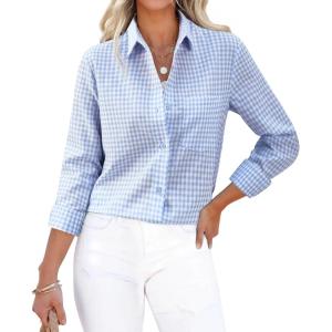 imagesiliteelon Womens Plaid Shirts Long Sleeve Button Down Dress Shirts Lightweight Casual Work Office Collared Blouse TopLight Blue Plaid