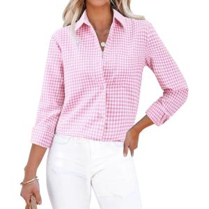 imagesiliteelon Womens Plaid Shirts Long Sleeve Button Down Dress Shirts Lightweight Casual Work Office Collared Blouse TopLight Pink Plaid
