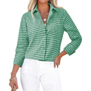 imagesiliteelon Womens Plaid Shirts Long Sleeve Button Down Dress Shirts Lightweight Casual Work Office Collared Blouse TopPink Plaid