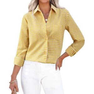 imagesiliteelon Womens Plaid Shirts Long Sleeve Button Down Dress Shirts Lightweight Casual Work Office Collared Blouse TopYellow Plaid