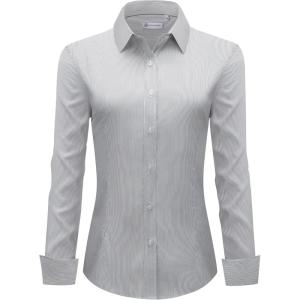 imagesiliteelon Womens Stripe Dress Shirts Long Sleeve Button Down WrinkleFree Stretch Solid Casual Work Office Blouse TopBlack Stripes