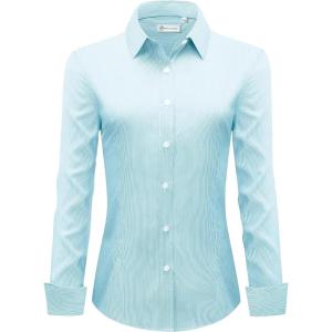 imagesiliteelon Womens Stripe Dress Shirts Long Sleeve Button Down WrinkleFree Stretch Solid Casual Work Office Blouse TopLake Blue Pinstripe